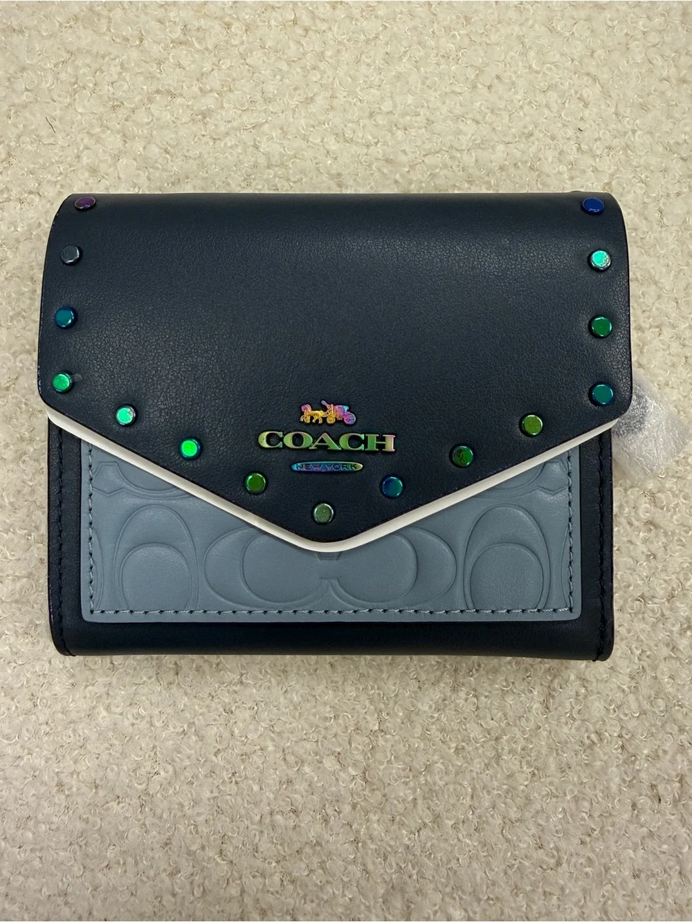 Extremely rare! COACH Navy and Light Blue Studded Leather Trifold Wallet